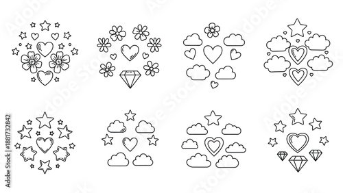 Collection of cute doodle outline icons with hearts, stars, flowers, clouds, and diamonds