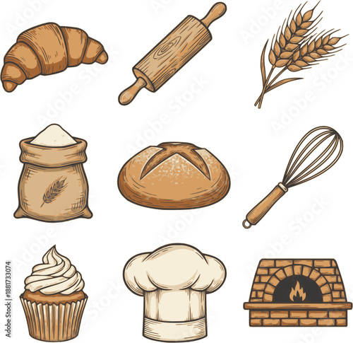 Professional artisan bakery icons. Detailed vector set featuring croissants, rolling pins, and sourdough bread. Warm amber and cream graphics isolated on white background.