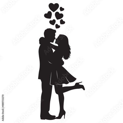 Kissing Couple Silhouette with Hearts Romantic Love Illustration