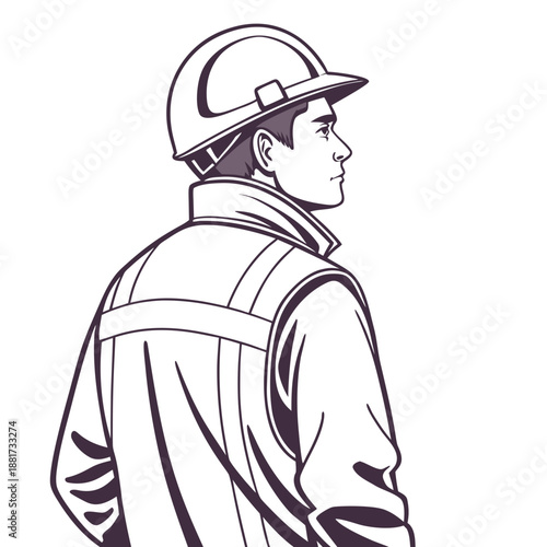 Construction Worker Wearing Safety Helmet on White Background