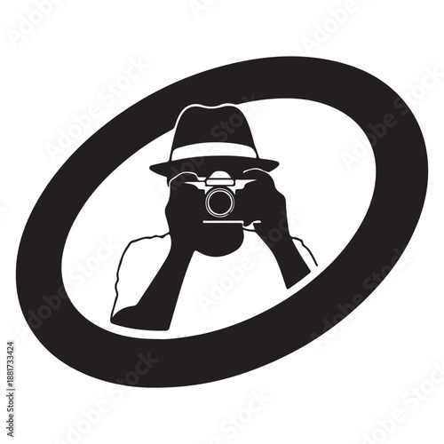 Photographer Silhouette with Camera Framed in Oval Minimal Illustration