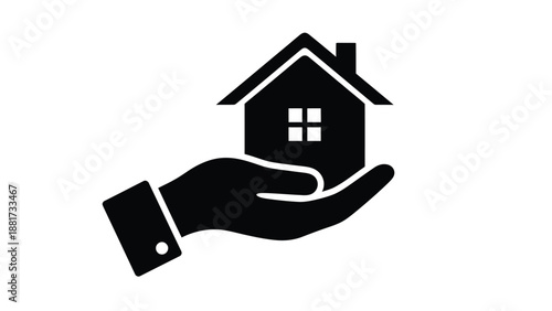 Hand holding and offering a small house silhouette icon representing residential property
