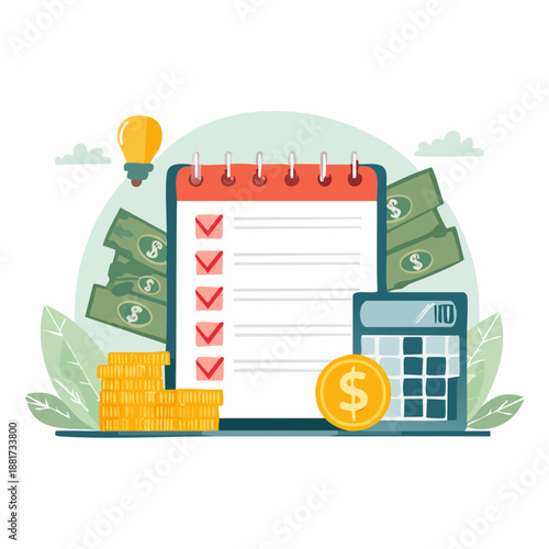 Budget control document with money and finance elements illustration
