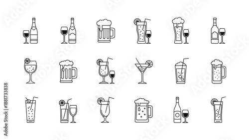 Black and white outline icons of alcoholic and non-alcoholic beverages in glasses and bottles