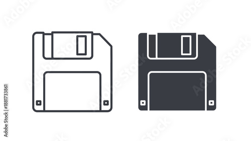 Two floppy disk icons in outline and solid styles representing digital storage