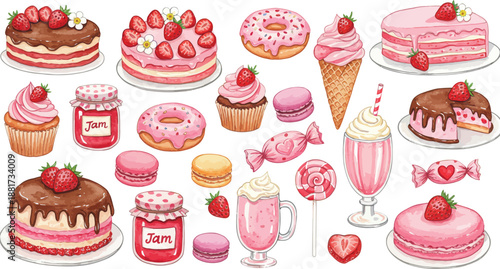 Assorted sweet treats and desserts including cakes ice cream and strawberries on white background