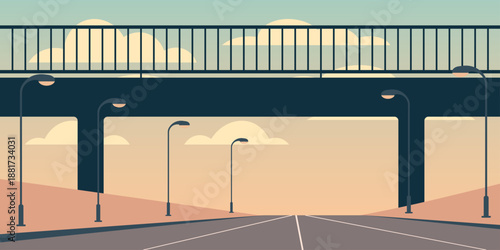 Pedestrian overpass railing silhouette illustration. Elevated walkway spanning across the frame. Road below suggested by soft horizontal light bands. Streetlight poles.
