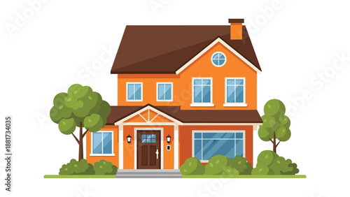 Illustration of a two-story residential house with trees and landscaped surroundings