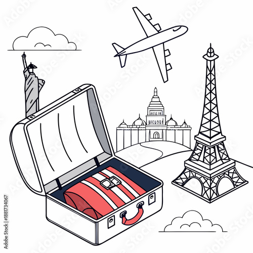 Travel Suitcase with Airplane and Global Landmarks Vector Icon