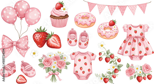 Pink strawberry themed party decorations and treats for sweet celebrations