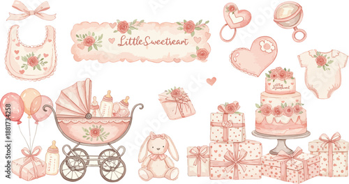 Baby shower decorations and gifts in pastel colors for a little girl celebration