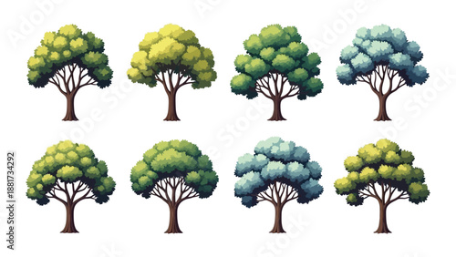 Collection of eight stylized deciduous tree illustrations with green and blue foliage