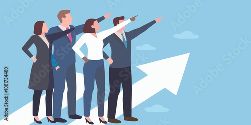 a group of business people standing on an arrow pointing upwards