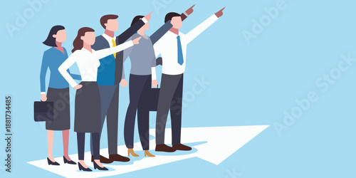 a group of business people pointing upwards standing on a white arrow