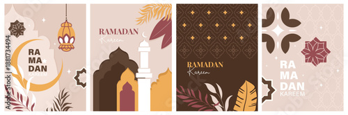 Ramadan Kareem cards set in flat geometric style. Islamic banners and posters with mosque, buildings, crescent moon, women characters, decorative patterns and clean typography.