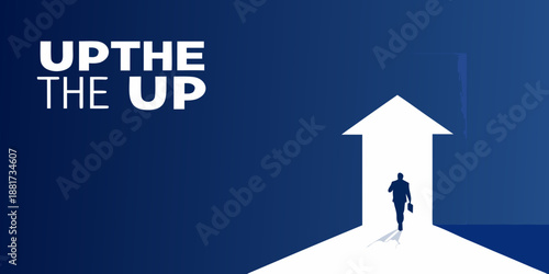 a man walking up a giant white arrow