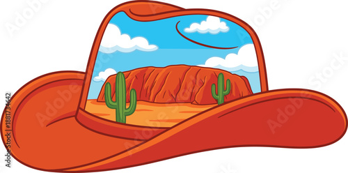 Western cowboy hat with desert landscape scene including cactus, mountains, clouds, and sky, perfect for travel designs, souvenirs, posters, branding, and creative illustration projects