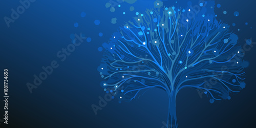 a blue tree with glowing lights on its branches and leaves