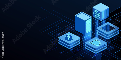 a blue 3d illustration of security and data storage icons on a dark background