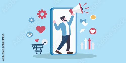 A man using a megaphone on a large smartphone with social media icons