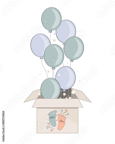 Gender reveal party box with blue balloons. Its a boy. Open surprise gift box isolated illustration. Baby shower concept. Cartoon vector.
