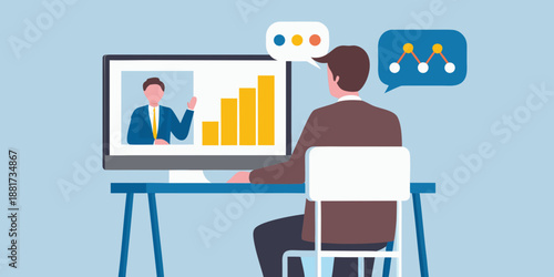 Man sitting at desk looking at computer screen with graph and presenter