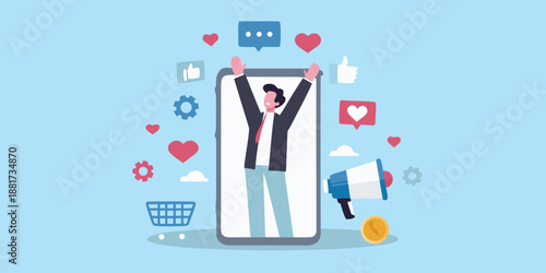 a man on a phone screen with social media icons around him