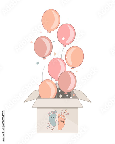 Gender reveal party box with pink balloons. Its a boy. Open surprise gift box isolated illustration. Baby shower concept. Cartoon vector
