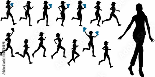silhouette of woman running in various poses with and without a glass