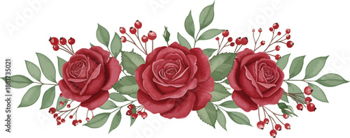 Three red roses with green leaves and small red berries on white background