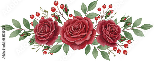 Three red roses with green leaves and red berries on white background