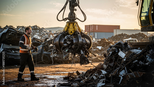 Man working at a scrapyard using a crane to lift metal debris  