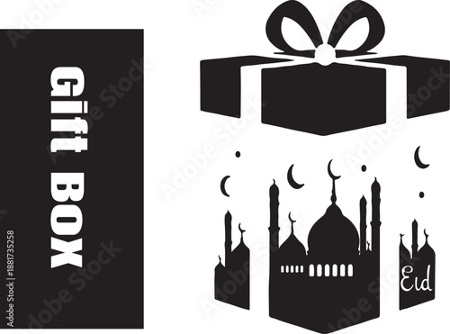 Eid Mubarak Gift: A stylized gift box design that beautifully melds the concepts of holiday generosity, with a stunning Eid celebration themed interior.