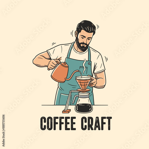 Vintage cartoon vector illustration of barista pouring craft coffee using pour over method man with beard apron brewing hot beverage with kettle filter and carafe coffee shop logo emblem design