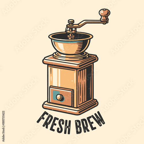 Vintage coffee grinder badge logo design retro hand drawn illustration vector antique mill fresh brew typography kitchen appliance rustic device caffeine brewing art
