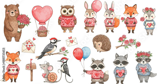 Whimsical forest animals wearing party hats and holding balloons on a white background