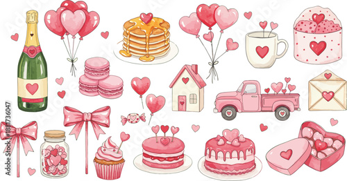 Pink and red birthday celebration elements with cakes balloons and gifts