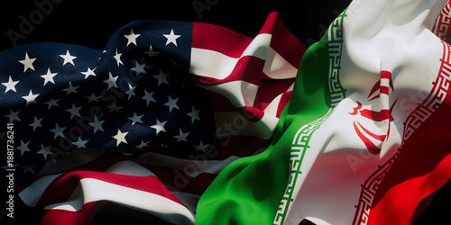 Flags of the United States and Iran wave together in a symbolic display about relations and conflicts