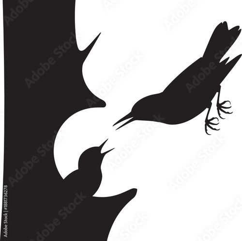 Mother bird silhouette perched on tree bark feeding hungry baby bird in nest cavity artwork