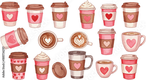 Various valentine s day coffee cups and travel mugs with hearts and pink designs