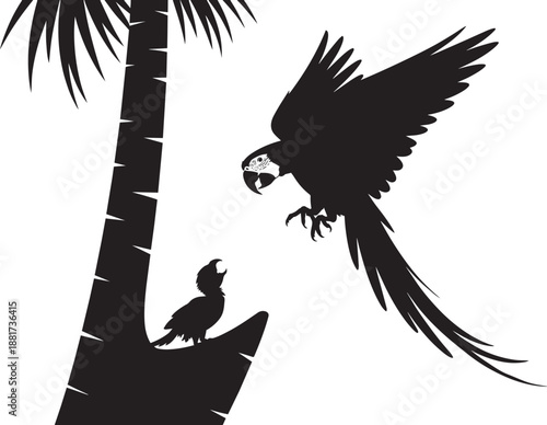 Silhouette of large macaw parrot flying to baby bird on palm tree trunk