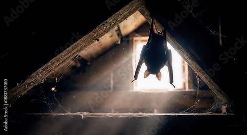 Bat silhouette in attic with window light