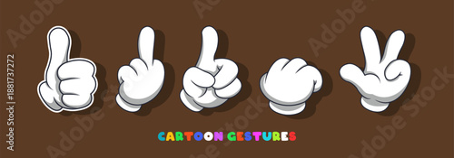 Vector set of cartoon four fingered hands with various gestures. White toon arms collection. Stickers or icons. Isolated dark background