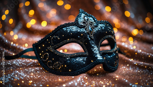 black Venetian mask with over glitter background