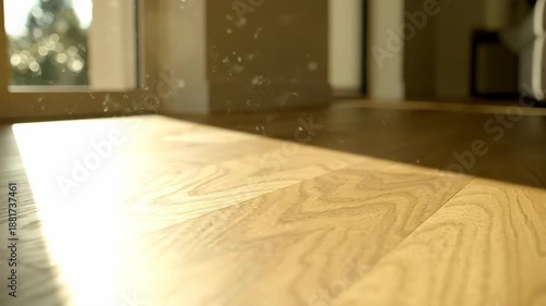Dust particles floating in sunlight over a wooden floor. Dirty home interior needing spring cleaning and renovation. Indoor air quality and allergy concept