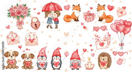 Whimsical valentine s day illustration with animals and gnomes in pastel colors