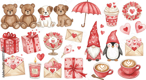 Valentine s day illustration with cute animals gifts and decorations