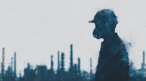 A silhouette of a worker wearing a helmet and gas mask stands against an industrial backdrop, embodying themes of safety and environmental concern.