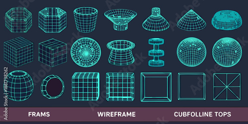 collection of various 3d wireframe and cubfoline top shapes