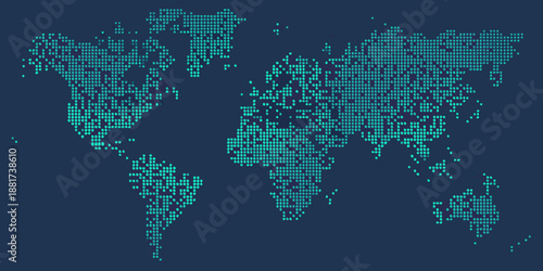 a teal pixelated world map on a dark blue background
